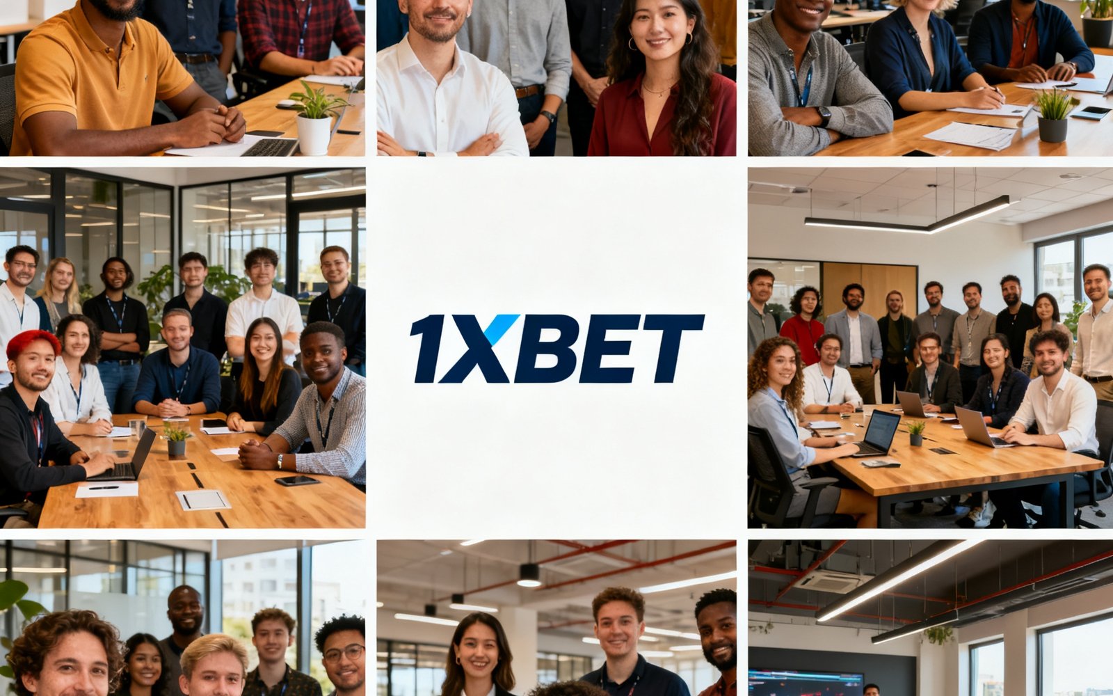 1xBET全球团队在各地办公室的合影拼图，展示国际化多元团队的工作场景与文化氛围