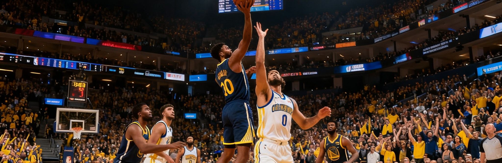 NBA篮球比赛高清直播画面，球员在球场上激烈对抗，观众席座无虚席，灯光璀璨的体育馆内气氛热烈